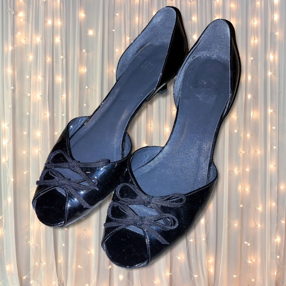 Stuart Weitzman Kitten Heel Peeptoe Dorsay Black Bow Patent Leather